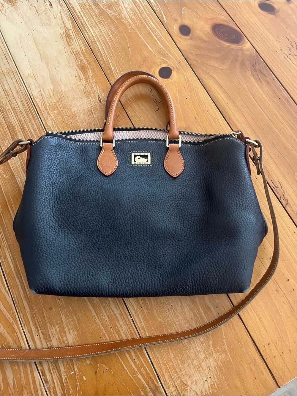 Dooney & Bourke Black Pebbled Leather Satchel with Tan Trim